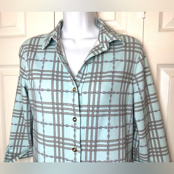 FOXCROFT Pale Blue Knit Button Down Shirt Top Blouse Chain Rope Pattern Nautical - Picture 5 of 10